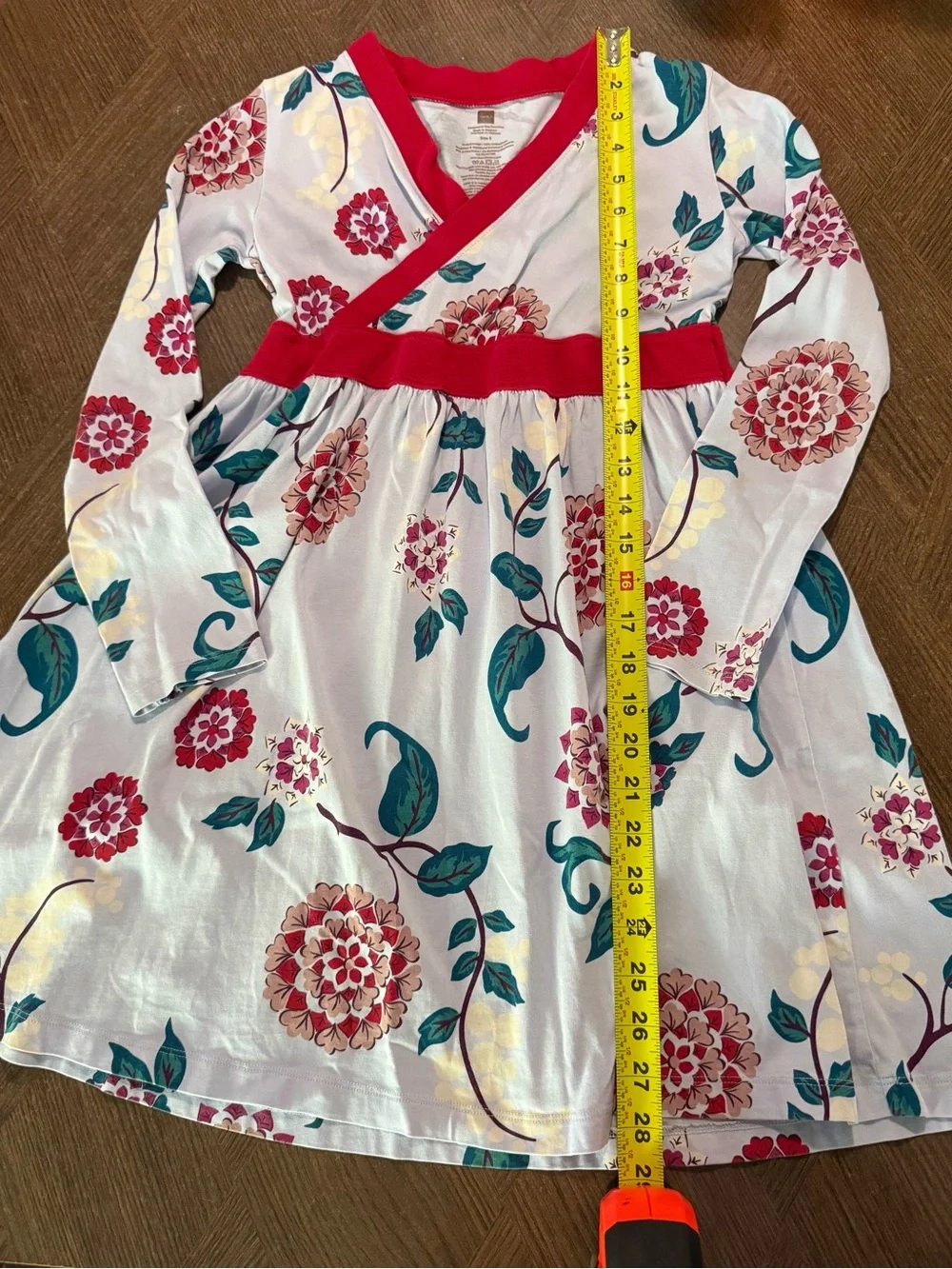 Tea Collection Light Blue Floral Wrap Dress with Red Trim
